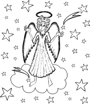 Vector drawing of an angel on a cloud