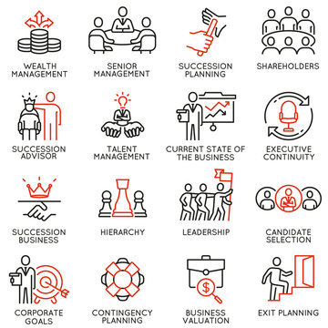 Vector set of linear icons related to human resource management, senior management and succession planning. Mono line pictograms and infographics design elements - part 2
