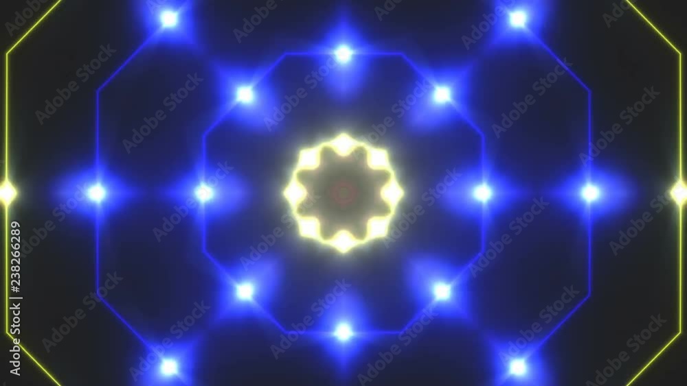 Poster abstract disco kaleidoscopes background with animated glowing neon colorful lines and geometric shap