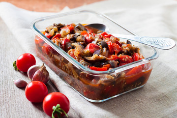 Vegetable sauté with eggplant, red bell peppers and tomatoes