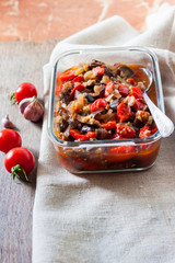 Vegetable sauté with eggplant, red bell peppers and tomatoes