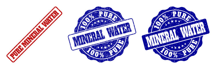 Fototapeta premium MINERAL WATER PURE WATER grunge stamp seals in red and blue colors. Vector MINERAL WATER PURE WATER imprints with grunge style. Graphic elements are rounded rectangles, rosettes,
