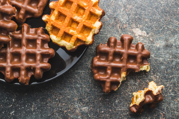 Waffles with chocolate topping.
