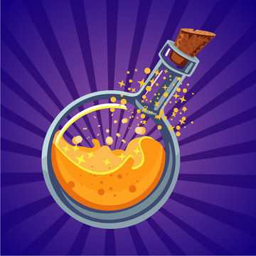 Glass bottle with magic elixir. Computer game asset. Fantasy vector cartoon illustration.