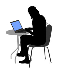 Young urban professional woman working on laptop in city restaurant office vector.
Employee looking at computer monitor during working in office. Officer girl sitting and reading news.