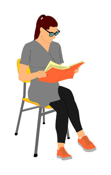 Elegant young woman reading book vector illustration isolated on white background. Girl sitting on chair and reading magazine. Student lady working after class. Quality time in waiting room