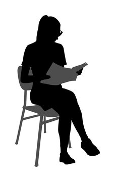 Elegant young woman reading book vector silhouette illustration isolated on white background. Girl sitting on chair and reading magazine. Student lady working after class. Quality time in waiting room