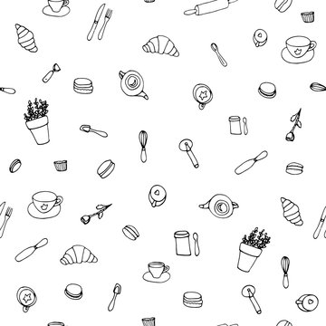 France Paris cafe seamless, pattern in doodle style