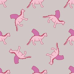 Seamless pattern with pink dragon in cartoon style