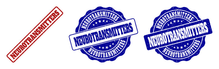 NEUROTRANSMITTERS scratched stamp seals in red and blue colors. Vector NEUROTRANSMITTERS watermarks with grunge effect. Graphic elements are rounded rectangles, rosettes, circles and text tags.