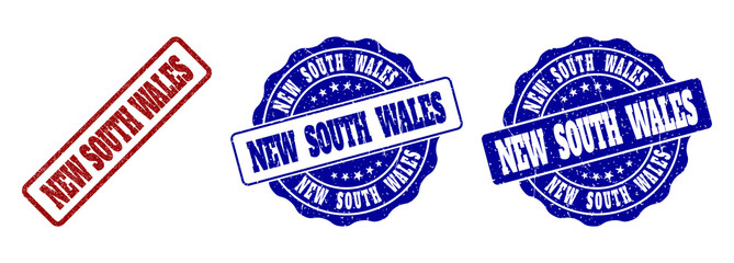 NEW SOUTH WALES grunge stamp seals in red and blue colors. Vector NEW SOUTH WALES signs with grunge effect. Graphic elements are rounded rectangles, rosettes, circles and text titles.