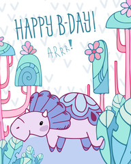 Card with fairytale dinosaur Triceratops and cartoon background. Fantasy trees and plants. Template greeting card