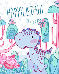 Card with fairytale dinosaur Tyrannosaurus and cartoon background. Fantasy trees and plants. Template greeting card