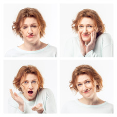 The collage from different face expressions of a senior beautiful ginger woman. Happy and sad, surprised and tired. Human emotions concept