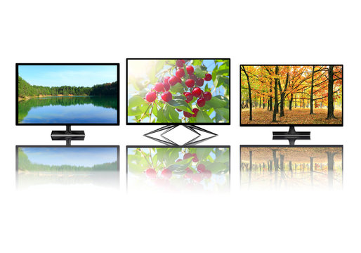 Television monitors isolated on white background. Flat high definition TV
