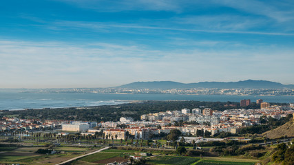 High perspective view of Greater Lisbon from Miradouro Aldeia dos Capuchos in Costa de Caparica