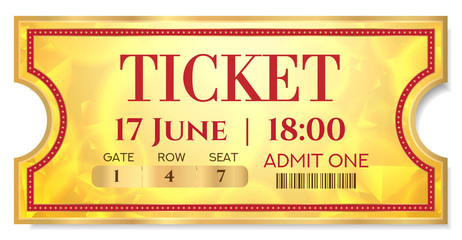 Admission golden ticket template. Vector mockup movie ticket (tear-off) with red border on gold background. Useful for any dance festival, party, cinema, music event, entertainment show
