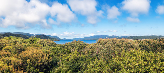 High view of Chiloe National Park at Mirador del Sur viewpoint - Chiloe Island, Chile