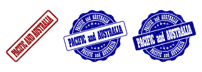 PACIFIC AND AUSTRALIA scratched stamp seals in red and blue colors. Vector PACIFIC AND AUSTRALIA labels with distress texture. Graphic elements are rounded rectangles, rosettes,