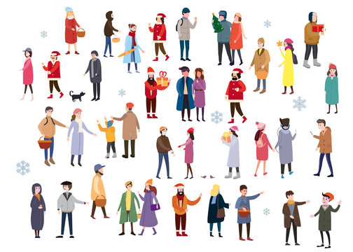 Set of people wearing top winter clothes isolated on white background. A large group of men and women, couples, walking in the winter, drinking drinks, talking, shopping and other outdoor activities