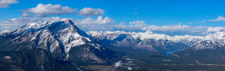 Fototapeta na wymiar Landscape view of Banff town site and surrounding mountains, as seen from Sulphur Mountain, Banff National Park
