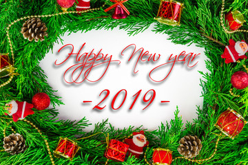Fototapeta na wymiar Christmas decoration and concept for new year. Text of Merry Christmas and 2019 on photograph. Happy new year.