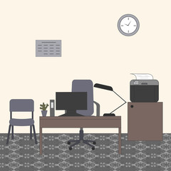 Modern workplace. Office workspace with desks, computers, plants, lamps, armchairs, printer, air conditioner and cabinet. Cartoon vector illustration