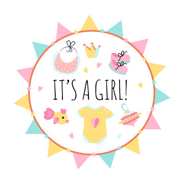 Vector Illustration. Poster for the kid's birthday with text ''It's a girl!''. Design template card for baby shower. Garlands, overalls, whirligig, fish, bib,crown.