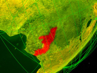 Congo on green model of planet Earth with network at night. Concept of digital technology, communication and travel.