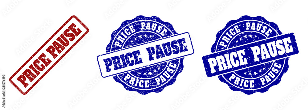 Poster price pause scratched stamp seals in red and blue colors. vector price pause labels with dirty textu