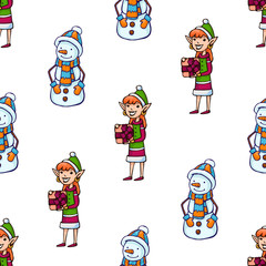 Obraz na płótnie Canvas Vector seamless New year pattern with cartoon snowman and Christmas elf