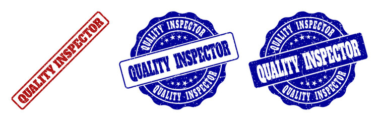 QUALITY INSPECTOR scratched stamp seals in red and blue colors. Vector QUALITY INSPECTOR signs with grainy texture. Graphic elements are rounded rectangles, rosettes, circles and text tags.