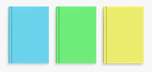 Fototapeta premium Rectangular vector blank colorful realistic book cover mockups set, closed organizer or notebook cover template with sheet of A4. Front view of blue, green and yellow notepad with binding mock up