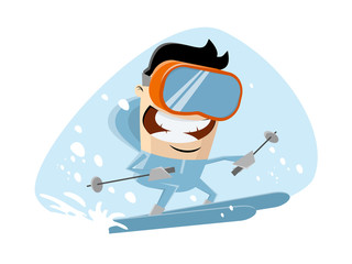 funny cartoon illustration of a skiing man