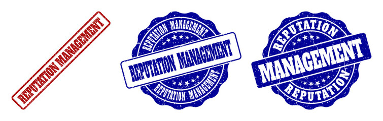 REPUTATION MANAGEMENT grunge stamp seals in red and blue colors. Vector REPUTATION MANAGEMENT overlays with grunge effect. Graphic elements are rounded rectangles, rosettes, circles and text labels.