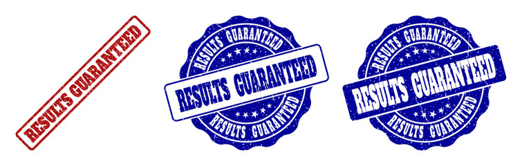 RESULTS GUARANTEED grunge stamp seals in red and blue colors. Vector RESULTS GUARANTEED labels with distress style. Graphic elements are rounded rectangles, rosettes, circles and text labels.