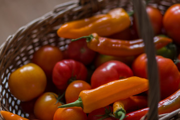 a lot of fresh vegatables in the basket, top viewe