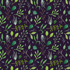 Dark greenery seamless pattern with mess of green and blue leaves and branches on purple background. Watercolor botanical texture for textile, wrapping paper, print design, surface, background