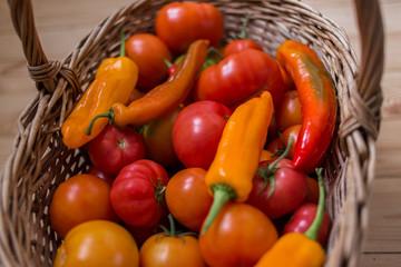 a lot of fresh vegatables in the basket, top viewe