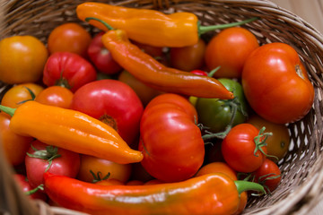 a lot of fresh vegatables in the basket, top viewe