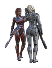 3d illustration of futuristic female soldiers in full body armor about to clap hands with each other isolated on a white background.