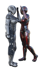 3d illustration of futuristic helmeted female soldiers in full body armor about to clap hands with each other isolated on a white background.