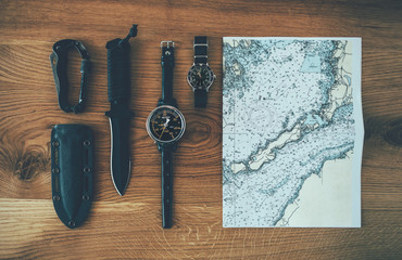 Retro nautical chart and diver equipment