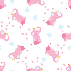 Vector Illustration. Seamless pattern for baby shower card with simple childish character. Cartoon style icon of funny elephant. 