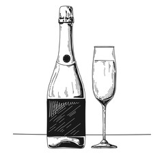 Bottle of champagne and glass. Vector illustration. - 238280084