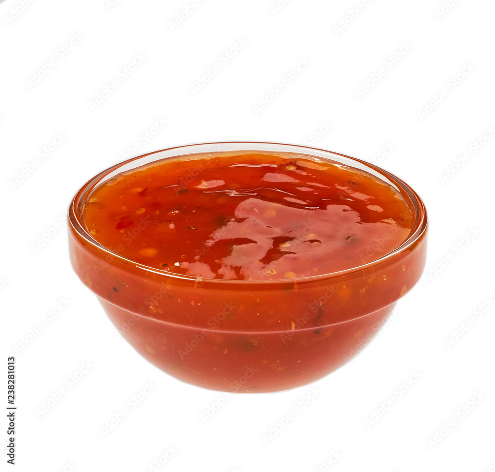 Wall mural sweet chili sauce in bowl isolated on white