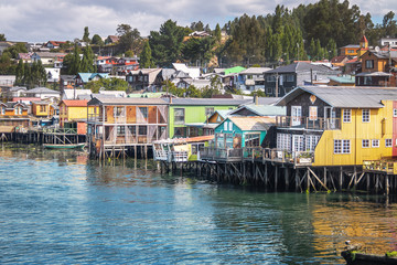 Fototapeta na wymiar Gamboa Palafitos Stilt Houses - Castro, Chiloe Island, Chile