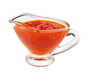 Sweet chili sauce  in glass bowl on white background