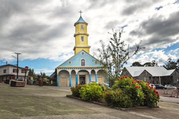 Fototapeta na wymiar Chonchi Church at Plaza de Armas Square - Chonchi, Chiloe Island, Chile