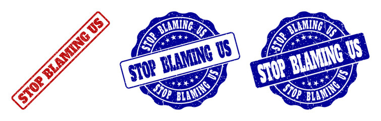 STOP BLAMING US grunge stamp seals in red and blue colors. Vector STOP BLAMING US watermarks with grunge texture. Graphic elements are rounded rectangles, rosettes, circles and text titles.